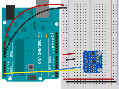 Breadboard view of an Arduino attached to a VL53L0X sensor.