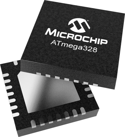 Atmel Atmega328P chip in a surface-mount format, designed for robot soldering. 