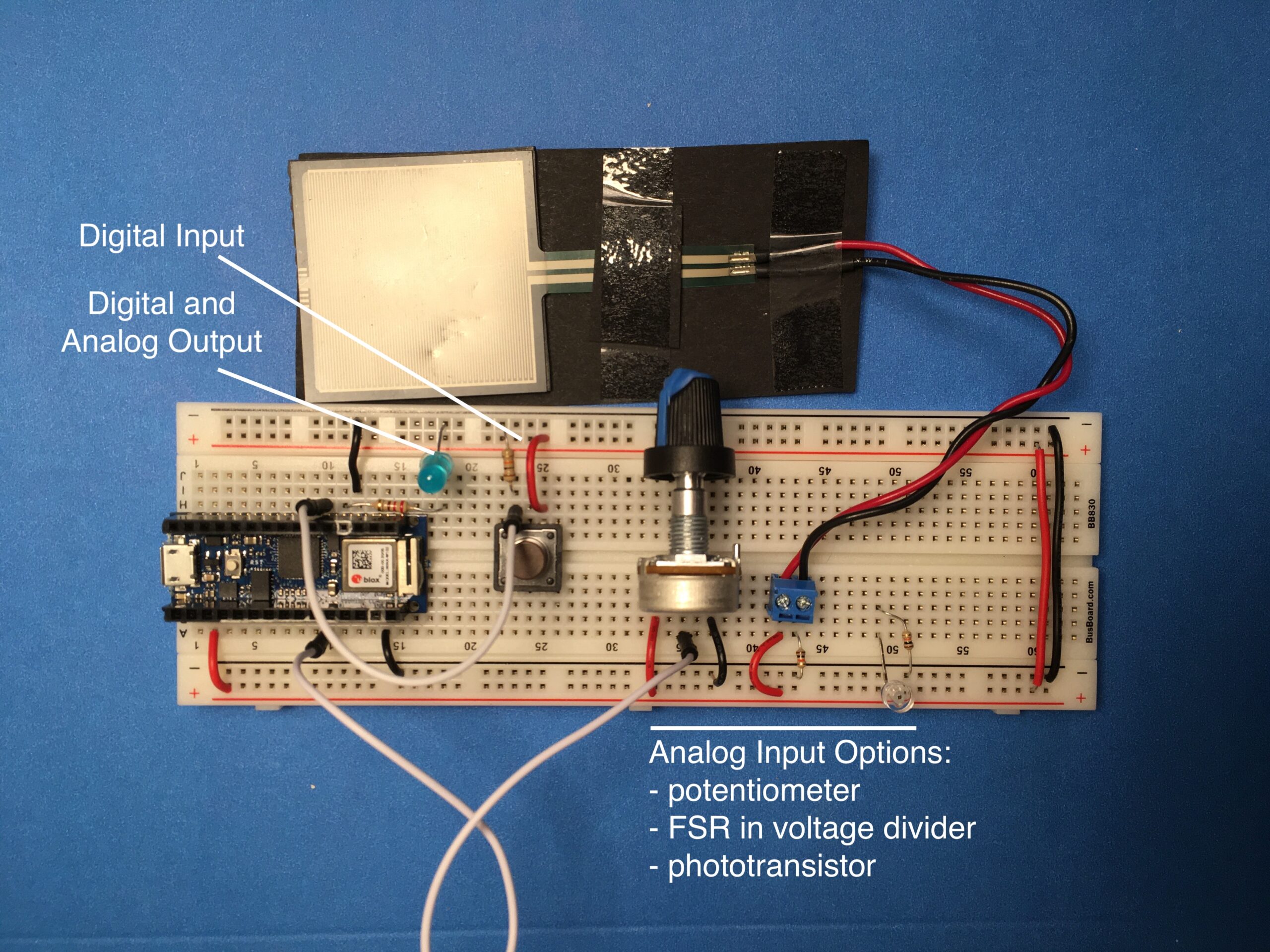 Photo of class 3 breadboard showing analog and digital input and output