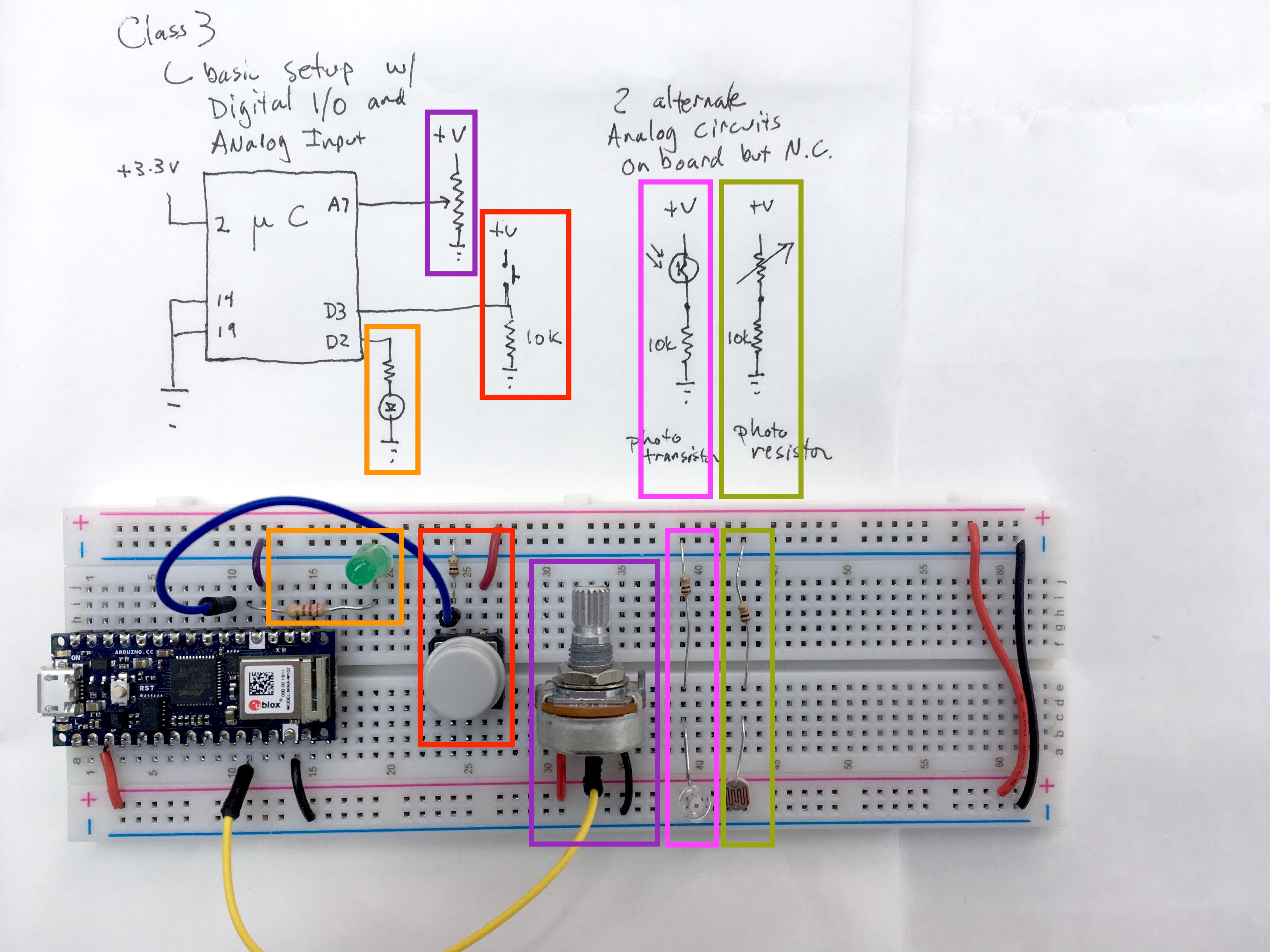 Arduino on breadboard, with digital and analog input and output circuits