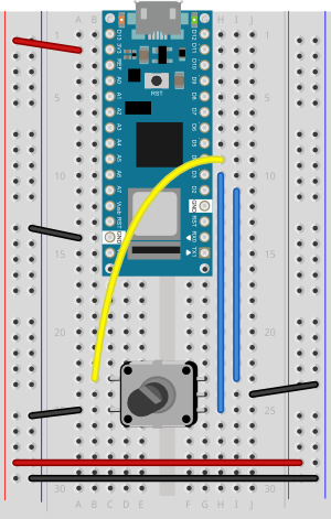 Breadboard view of a rotary encoder with a pushbutton connected to an Arduino Nano 33 IoT.