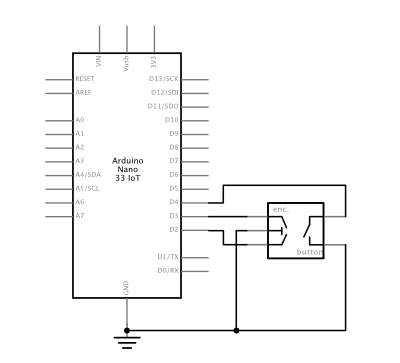 Schematic view of a rotary encoder with a pushbutton connected to an Arduino Nano 33 IoT