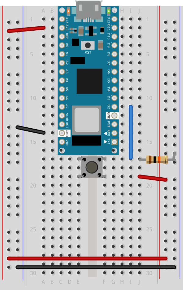Breadboard Diagram of a pushbutton attached to an Arduino Nano as a digital input. The Nano is mounted across the center of the breadboadd with the USB connector facing upward. The pushbutton also mounted  is connected to pin 2, and to Vcc. A 10-kilohm resistor connects from the pushbutton to ground.