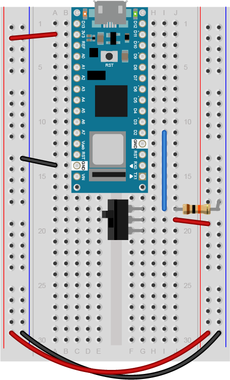 Breadboard view of a switch attached to an Arduino Nano.