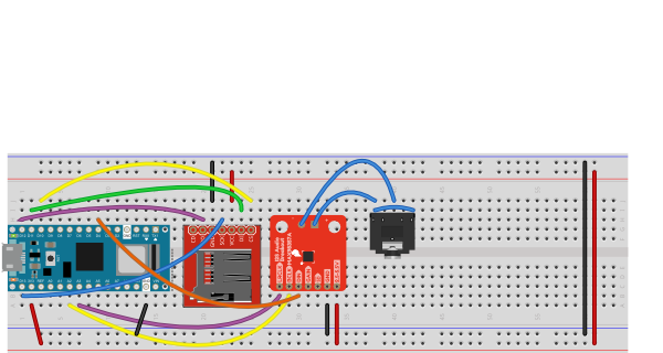 Breadboard view of an Arduino Nano 33 IoT connected to a microSD card and MAX98357A I2S amp  and audio jack
