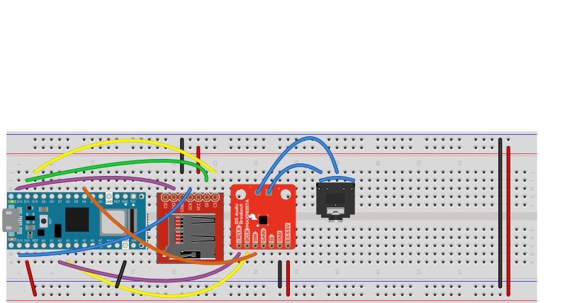 Breadboard drawing of a microSD card reader attached to an Arduino