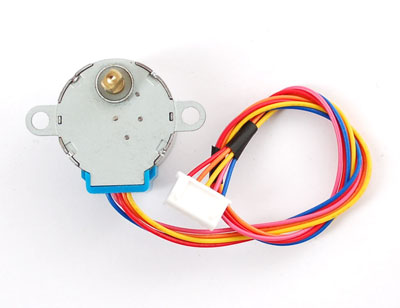 Photo of a stepper motor. This motor is approximately 2 inches (5cm) on diameter, with an off-center shaft at the top, and wires protruding from the bottom. You can tell a stepper motor from a DC motor because steppers have at least four wires, while regular DC motors have two.