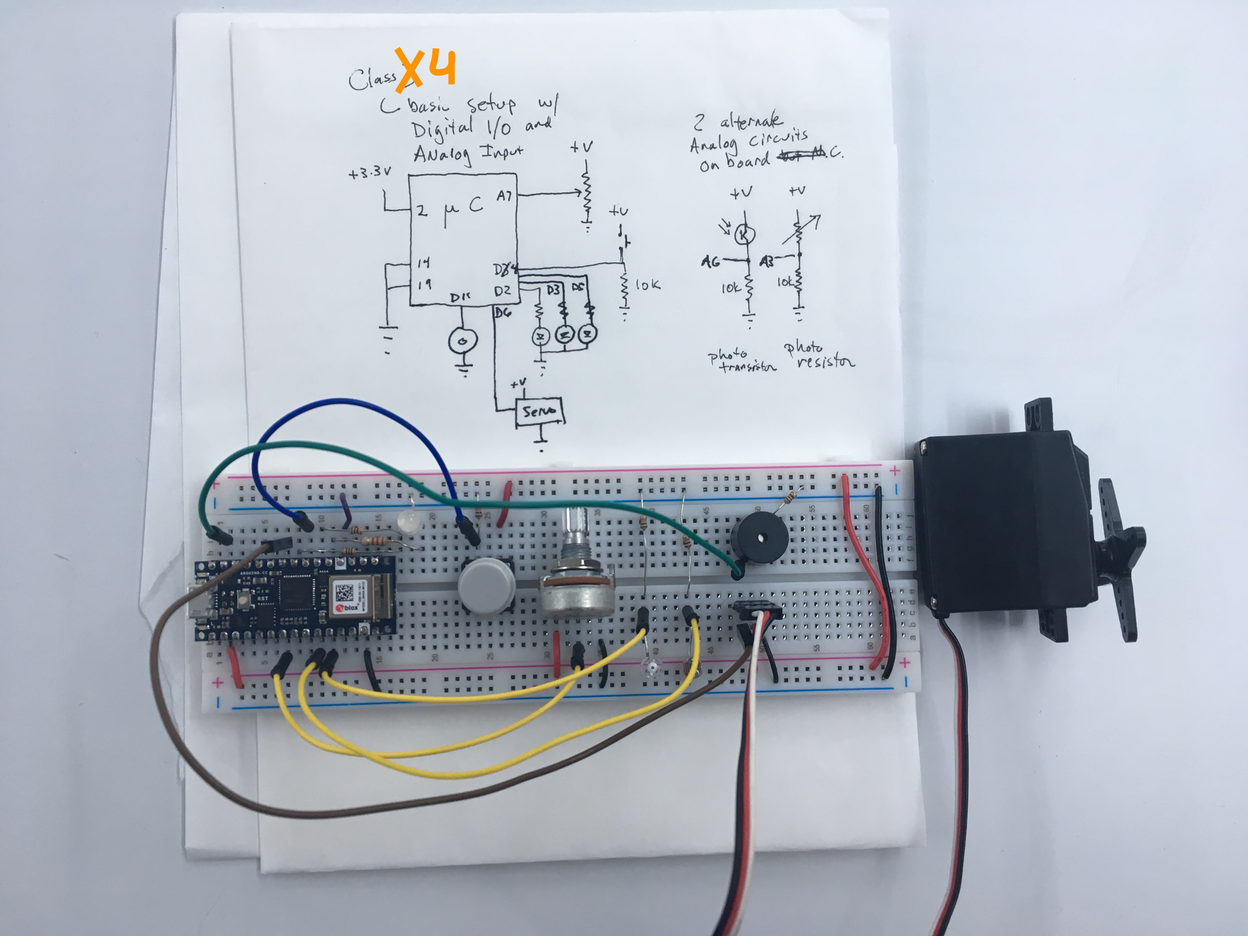 Class 4 Breadboard, extending circuit from class 3 above, adding servo, RGB led, and speaker.