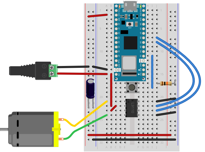 Breadboard view of an L9110H H-bridge motor driver and a pushbutton connected to an Arduino Nano. 