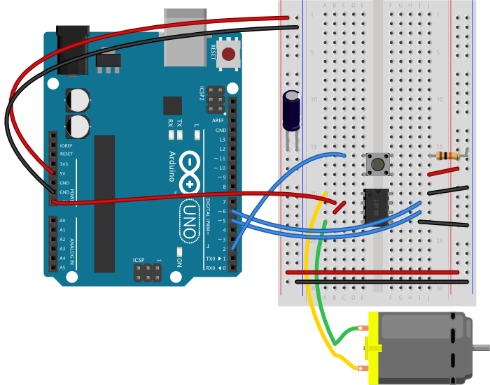 Breadboard view of an L9110H H-bridge motor driver and a pushbutton connected to an Arduino Uno. 