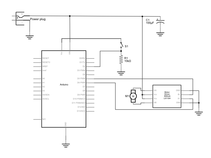 Schematic view of an L9110H H-bridge motor driver and a pushbutton connected to an Arduino. 