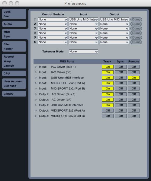 Screenshot of the MIDI Sync Control Panel in Ableton Live, showing the MIDI ports turned on.