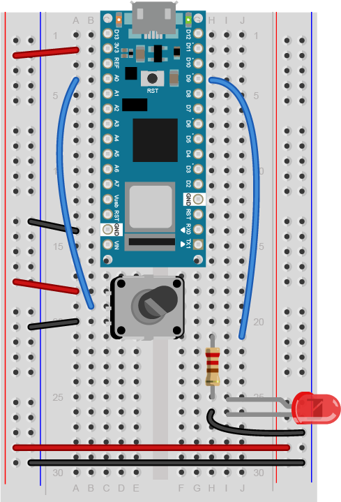 Breadboard view of Arduino Nano with an analog input and LED output.