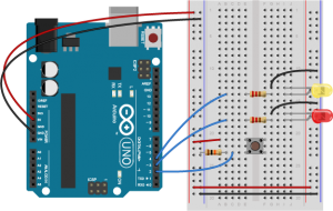 Arduino Nano connected to pushbutton and two LEDs, Breadboard view. The pushbutton is connected as described in the image above. Digital pins 3 and 4 are connected to 22-ohm resistors. The resistors are mounted across the center divide of the breadboard, each in its own row. The other sides of the resistors are connected to the anodes (long legs) of two LEDs. The cathodes of the LEDs are both connected to ground. 