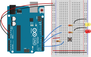 Arduino connected to pushbutton and two LEDs, Breadboard view. The pushbutton is connected as described in the image above. Digital pins 3 and 4 are connected to 22-ohm resistors. The resistors are mounted across the center divide of the breadboard, each in its own row. The other sides of the resistors are connected to the anodes (long legs) of two LEDs. The cathodes of the LEDs are both connected to ground. 