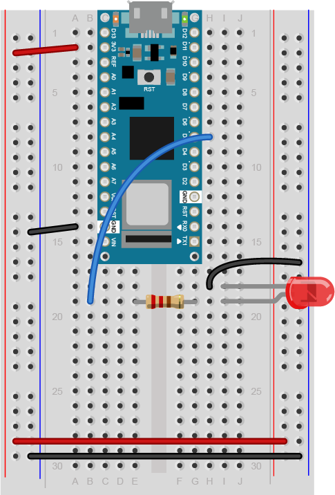 Breadboard view of an LED connected to digital pin 5 of an Arduino Nano.