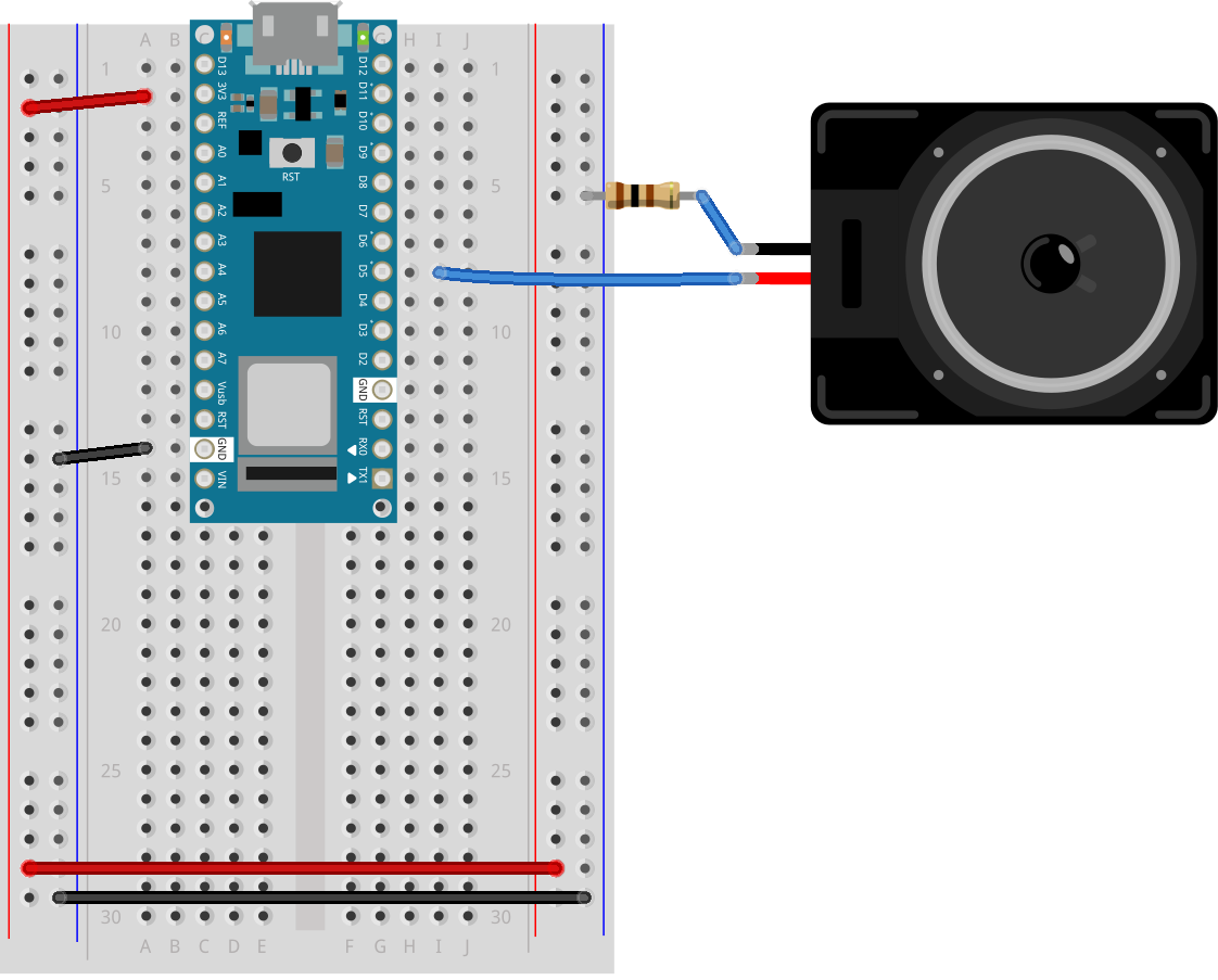 Breadboard view of an Arduino Nano connected to two force sensing resistors (FSRs) and a speaker. The Nano’s 3.3 Volts (physical pin 2) and ground (physical pin 14) are connected to the voltage and ground buses of the breadboard as usual. The red positive wire of the speaker is connected to digital pin 5 of the Arduino. The black ground wire of the speaker is connected to one leg of a 100 ohm resistor. The other leg of the resistor connects to ground.