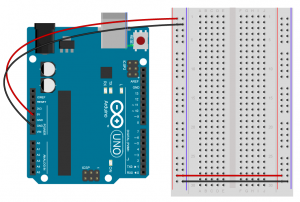 Breadboard drawing of an Arduino Uno connected to a breadboard. The Arduino's 5V hole has a red wire connecting it to the outer left side row of the board. This is the voltage bus on the left side. The Arduino's ground hole has a black wire connecting it to the inner left side row of the board. This is the ground bus on the left side. At the bottom of the breadboard, a red wire connects the left side voltage bus to the inner row on the right side. This is the right side voltage bus. Similarly, a black wire connects the left side ground bus to the outer row on the right side. This is the right side ground bus.