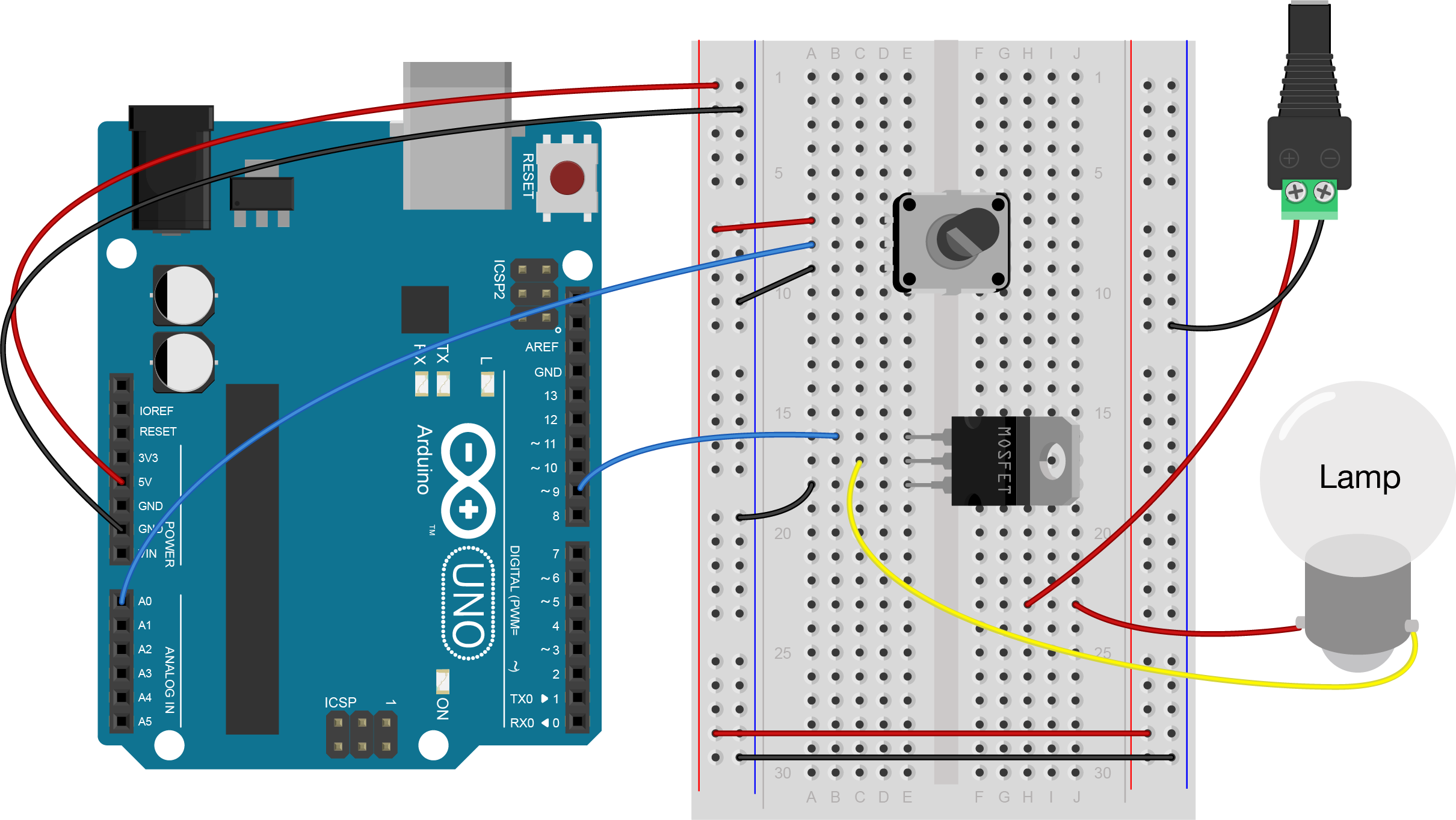 Breadboard view of a potentiometer, MOSFET, and lamp connected to an Arduino. 