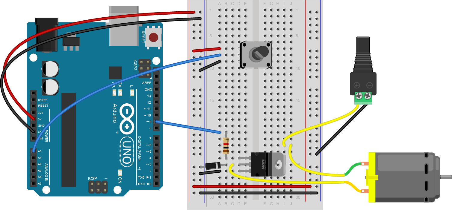 Breadboard view of an Arduino connected to a potentiometer, a transistor, a DC motor, and a DC jack. 