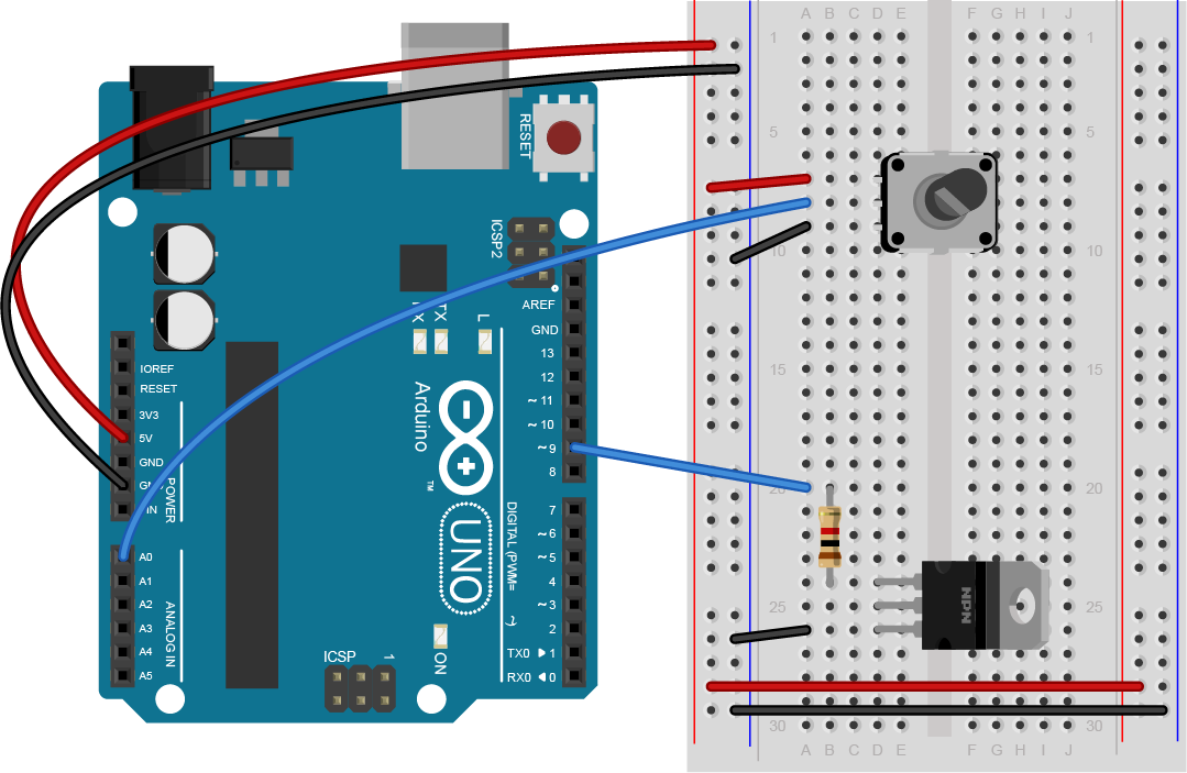 Breadboard view of a potentiometer and transistor connected to an Arduino.