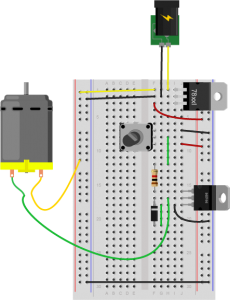 Breadboard drawing of a transistor controlling a DC motor with a pushbutton. The drawing is similar to the previous breadboard drawing, but the pushbutton has been removed and a potentiometer is now in rows 7 through 9 in the right center section of the board. Row 7 is also connected to the right side regulated voltage bus through a red wire, and row 9 is connected to the right side ground bus through a black wire. Row 8 is connected to row 12 where it connects to the resistor. 