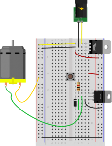 Breadboard drawing of a transistor controlling a DC motor with a pushbutton. The drawing is similar to the previous breadboard drawing, but a pushbutton has been added straddling the center divide in rows 12 and 10. The red wire that was in row 12 in the previous drawing has been moved to row 10.