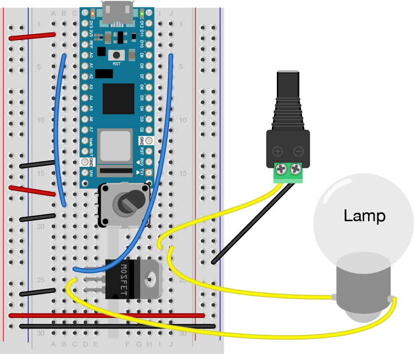 Breadboard view of a potentiometer, MOSFET, and lamp connected to an Nano. 