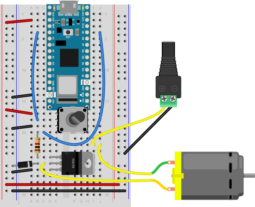 Breadboard view of an Arduino Nano connected to a potentiometer, a transistor, a DC motor, and a DC jack. 