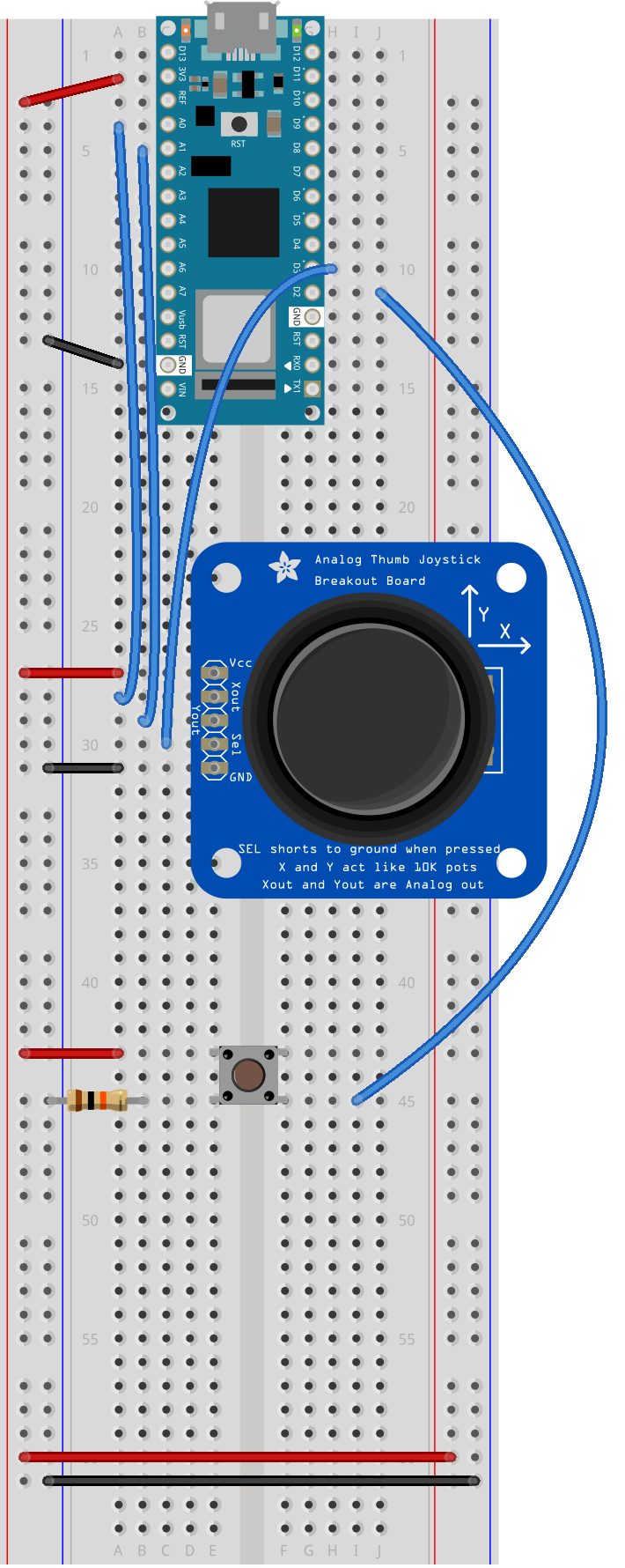 Breadboard drawing of an Arduino Nano connected to a pushbutton and a joystick. The pushbutton is described as in the previous breadboard drawing. The joystick is mounted with its five pins in rows 27 through 31 of the left center section of the breadboard. The body of the joystick is to the right of the pins, and the top pin is therefore the Vcc pin. A black wire connects row 31, the ground pin, to the left side ground bus. A red wire connects row 27, Vcc pin, to the left side voltage bus. A blue wire connects row 28, the X out pin, to the Nano's analog in pin A0. Another wire connects row 29, the Y out, to analog in A1. Yet another wire connects row 30, the Select pin, to digital pin 3.