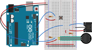 Breadboard view of an Arduino connected to a voltage divider, a switch, and a MIDI connector. This view builds on the breadboard view above. The voltage divider and the switch are connected to analog pin 0 and digital pin 10 as described above. The MIDI connector's pin 2 is connected row 19 in the right center section of the breadboard. A red wire connects it to row 21. From there, a 220-ohm resistor connects to the right side voltage bus. The MIDI connector's pin 3 connects to the right side ground bus. The connector's pin 4 connects to row 14 in the right center section, and a blue wire connects from there to digital pin 3 on the Arduino.