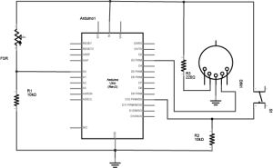  Schematic view of an Arduino connected to a voltage divider and a switch. The switch and voltage divider are connected as shown above. the MIDI connector's pin 2 is connected to a 220-ohm resistor, and the other side of the resistor is connected to +5 volts. Pin 3 of the MIDI connector is connected to ground. Pin 4 of the MIDI connector is connected to the Arduino's digital pin 3.