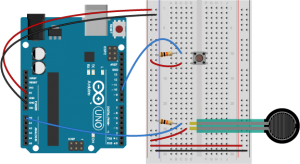 Breadboard view of an Arduino connected to a voltage divider and a switch. The Arduino Uno, left, has red and black wires that connect its +5 volt and ground pins to the left side bus rows of the breadboard. The red wire connects to the outside left row, forming the left voltage bus, and the black wire connects to the inside left row, forming the left ground bus. A red wire connects the left side voltage bus to the inner row on the right side of the breadboard, thus forming the right side voltage bus. Similarly, a black wire connects the left side ground bus to the outer row on the right side, forming the right side ground bus. A 10-kilohm resistor connects the left side ground bus to row ten in the left center section. A pushbutton straddles the center divide of the breadboard, mounted in rows ten and twelve. A red wire connects row twelve in the left center section to the voltage bus on the left side. A blue wire connects tow ten, where the resistor and the pushbutton meet, to digital pin 10 on the Arduino. Another 10-kilohm resistor connects the left side ground bus to row 24 in the left center section. A force sensing resistor is also connected to that row. The other side of the FSR is connected to row is also connected to row 25. A red wire connects row 25 in the left center section to the voltage bus on the left side. A blue wire connects row 24, where the fixed resistor and the FSR meet, to analog input 0 on the Arduino.