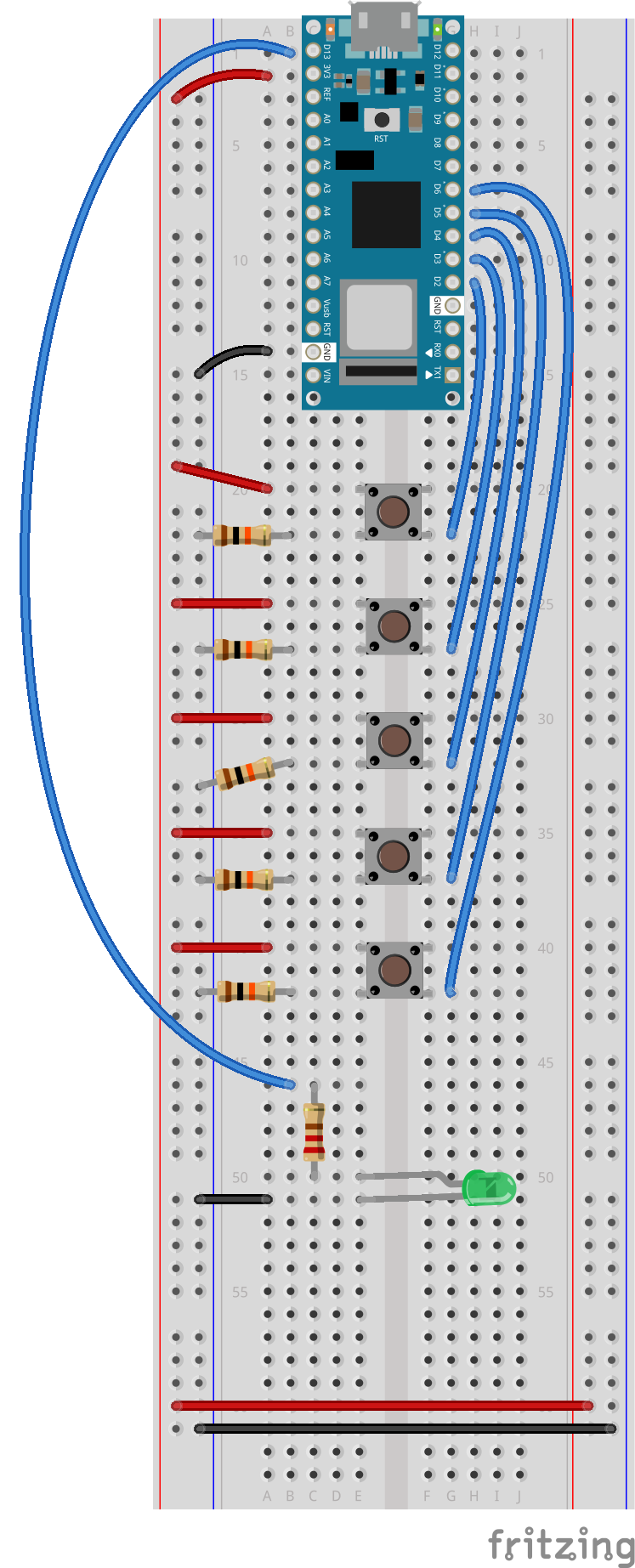 Breadboard drawing of an Arduino Nano connected to five pushbuttons. The pushbuttons straddle the center divide of the breadboard in rows 20-22, 25-27, 30-32, 35-37, and 40-42, respectively. 10-kilohm resistors connect the left side of each pushbutton to the breadboard's GND bus at rows 22, 27, 32, 37, 42. Blue wires connect the right side of each pushbutton at pins 22, 27, 32, 37, 42 to the arduino digital pins 2-6 respectively. Red wires connect the left side of each pushbutton to the voltage bus at rows 20, 25, 30, 35, 40. A blue wire connects the Arduino's digital pin 13 to a a 220-ohm resistor in series with a green LED. The anode of an LED is attached to the anode of the resistor, the cathode of the LED is attached to the ground bus with a black wire.