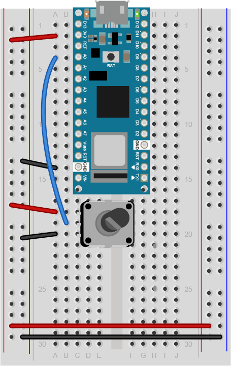 Breadboard view of a potentiometer connected to analog in 0 of an Arduino Nano. 
