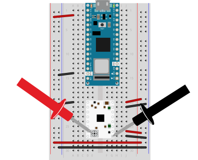 Breadboard view of an SDSPIN220 stepper motor driver on a breadboard, powered by 3.3V from an Arduino Nano 33 IoT. 