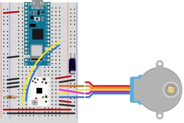 Breadboard drawing of a stepper motor and STSPIN220 motor driver connected to an Arduino Nano 33 IoT. The connections are described in the body of this page.