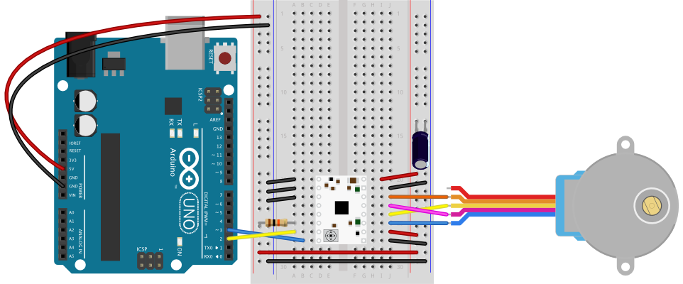 Breadboard drawing of a stepper motor and STSPIN220 motor driver connected to an Arduino Uno. The connections are described in the body of this page.
