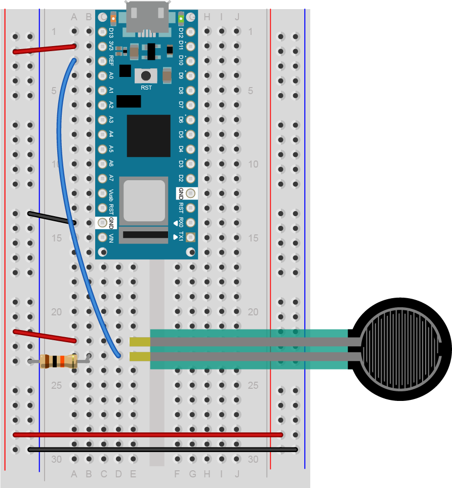 Breadboard view of Arduino Nano connected to an FSR on pin 2. 