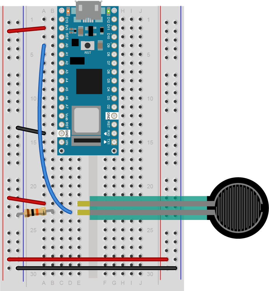 Breadboard view of Arduino Nano connected to an FSR on pin 2.