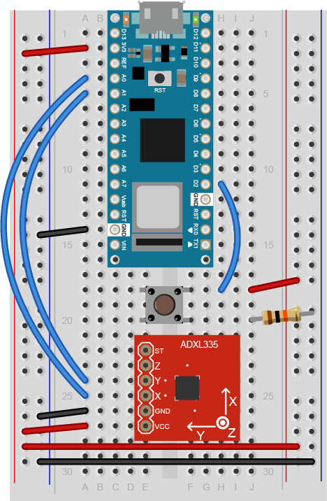 Breadboard view of an Arduino Nano connected to a pushbutton and an ADXL3xx accelerometer.