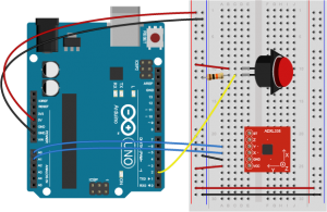Breadboard view of an Arduino attached to an AXDL335 accelerometer and a pushbutton. The accelerometer's X and Y pins are connected to the Arduino's A0 and A1 inputs, respectively. The pushbutton is connected from the Arduino's voltage output to pin D2. a 10-kilohm connects the junction of the switch and pin D2 to ground.