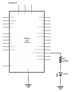 Schematic view of an Arduino connected to an LED. Digital pin 5 is connected to a 22-ohm resistor. The other side of the resistor is connected to the anode (long leg) of an LED. The cathode of the LED is connected to ground.