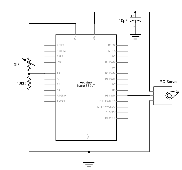 Schematic view of an Arduino Nano 33 IoT connected to a voltage divider input circuit on analog in pin 0 and a servomotor on digital pin 9. On the left, a fixed 10-kilohm resistor is attached to analog in pin 0 and to ground on the Arduino. A variable resistor is attached to analog in pin 0 and to Vin pin (+5 volts). On the right, a servomotor's control wire is attached to digital pin D3. The motor's voltage input is attached to Vin, and its ground is attached to ground on the Arduino. A 10-microfarad capacitor is mounted across the 3.3V and ground buses.