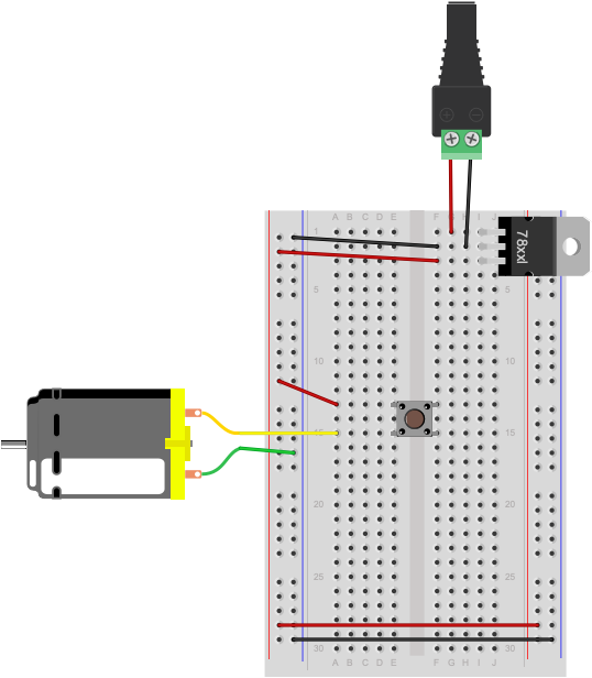 Breadboard drawing of a pushbutton controlling a motor. At the top of the drawing, there is a DC power jack. Red and black wires from the jack connect to a 7805 5-volt voltage regulator mounted in the top right three rows of the breadboard with its tab facing to the right. The power supply's red wire is connected to the regulator's top pin row, the input pin. The power supply's black wire is connected to the regulator's middle pin, or ground. Another black wire connects the regulator's middle pin, ground, to the inner left side row of the board. This is the ground bus on the left side. A red wire connects the regulator's bottom pin, the output pin, to the outer left side row of the board. This is the voltage bus on the left side. At the bottom of the breadboard, a red wire connects the left side voltage bus to the inner row on the right side. This is the right side voltage bus. Similarly, a black wire connects the left side ground bus to the outer row on the right side. This is the right side ground bus. A red wire connects the the left side voltage bus to row 13 in the left center section of the board. A pushbutton is mounted across the center divide of the breadboard with its pins in rows 13 and 15. A DC motor is connected to row 15 in the left center section of the board. The other wire from the motor is attached to the voltage bus on the left side of the board. 
