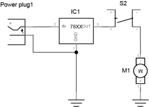 Drawing of a dual-pole switch controlling a motor and an LED. At the top left of the drawing there is a power supply. The positive line from the power supply connects to a 7805 5-volt voltage regulator's input. The power supply's ground is connected to the regulator's ground. The output of the regulator connects to one side of a switch. The other side of the switch connects to a DC motor. The other side of the motor connects to ground.