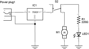 Drawing of a dual-pole switch controlling a motor and an LED. At the top left of the drawing there is a power supply. The positive line from the power supply connects to a 7805 5-volt voltage regulator's input. The power supply's ground is connected to the regulator's ground. The output of the regulator connects to one side of a switch. The other side of the switch connects to a DC motor and to a 220-ohm resistor in parallel. The other side of the motor connects to ground. The other side of the resistor connects to the anode of an LED. The other side of the LED connects to ground.
