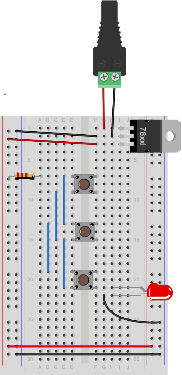 Breadboard drawing of three parallel switches. At the top of the drawing,there is a DC power jack. Red and black wires from the jack connect to a 7805 5-volt voltage regulator mounted in the top right three rows of the breadboard with its tab facing to the right. input. The power supply's red wire is connected to the regulator's top pin row, the input pin. The power supply's black wire is connected to the regulator's middle pin, or ground. Another black wire connects the regulator's middle pin, ground, to the inner left side row of the board. This is the ground bus on the left side. A red wire connects the regulator's bottom pin, the output pin, to the outer left side row of the board. This is the voltage bus on the left side. At the bottom of the breadboard, a red wire connects the left side voltage bus to the inner row on the right side. This is the right side voltage bus. Similarly, a black wire connects the left side ground bus to the outer row on the right side. This is the right side ground bus. A 220-ohm resistor connects the the left side voltage bus to row 8 in the left center section of the board. A pushbutton is mounted across the center divide of the breadboard with its pins in rows 8 and 10. Another pushbutton is mounted across the center in rows 13 and 15, and a third in rows 18 and 20. In the left center section of the board, four short wires connect the top row connection of each pushbutton to the top row of the next pushbutton. Specifically: row 8 connects to row 13. Row 13 connects to row 18. Row 10 connects to row 15. Row 15 connects to row 20. In the right center section of the board, an LED's anode (long leg) is connected to row 20. The LED's cathode is connected to row 21, and a black wire connects from that row to the right side ground bus.