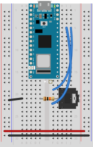 Breadboard view of a 3.5mm Audio jack connected to an Arduino Nano 33 IoT. 