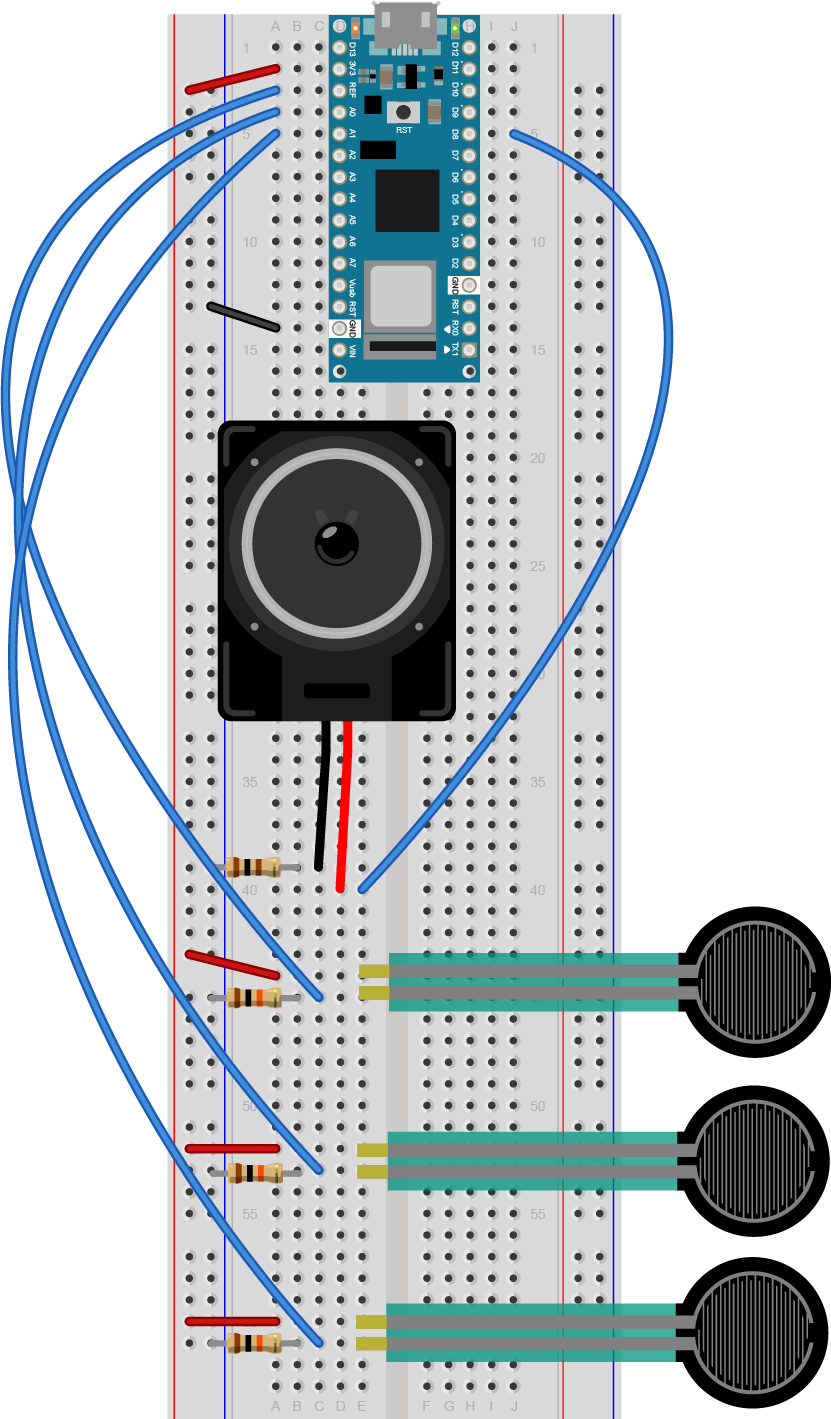 Breadboard view of an Arduino Nano connected to three force sensing resistors (FSR) and a speaker.